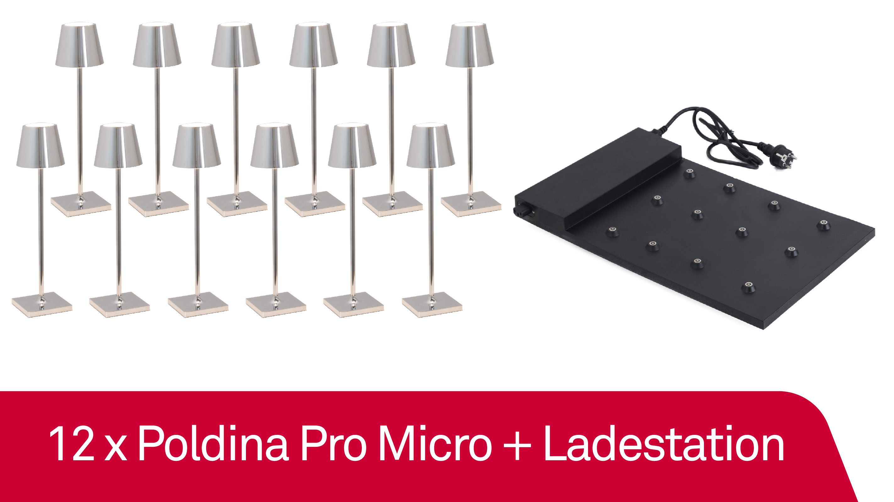 12 x Zafferano Poldina Pro Micro - Cromo Lucido / Glossy Chrome + Ladestation - Bundle