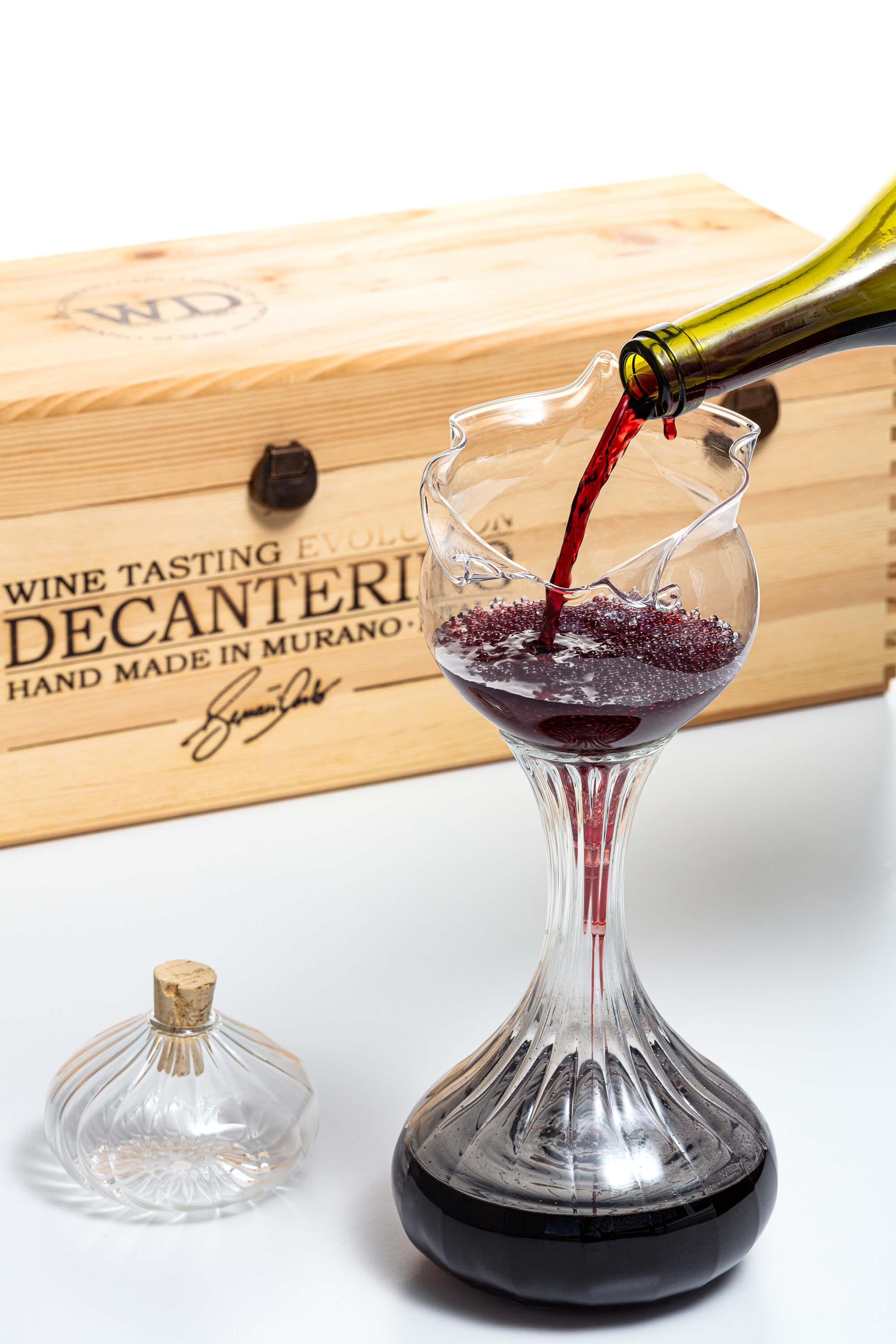 Glasperlen Weinbelüfter Set: Decanterino "Cult"  in der Geschenk Box aus Holz 