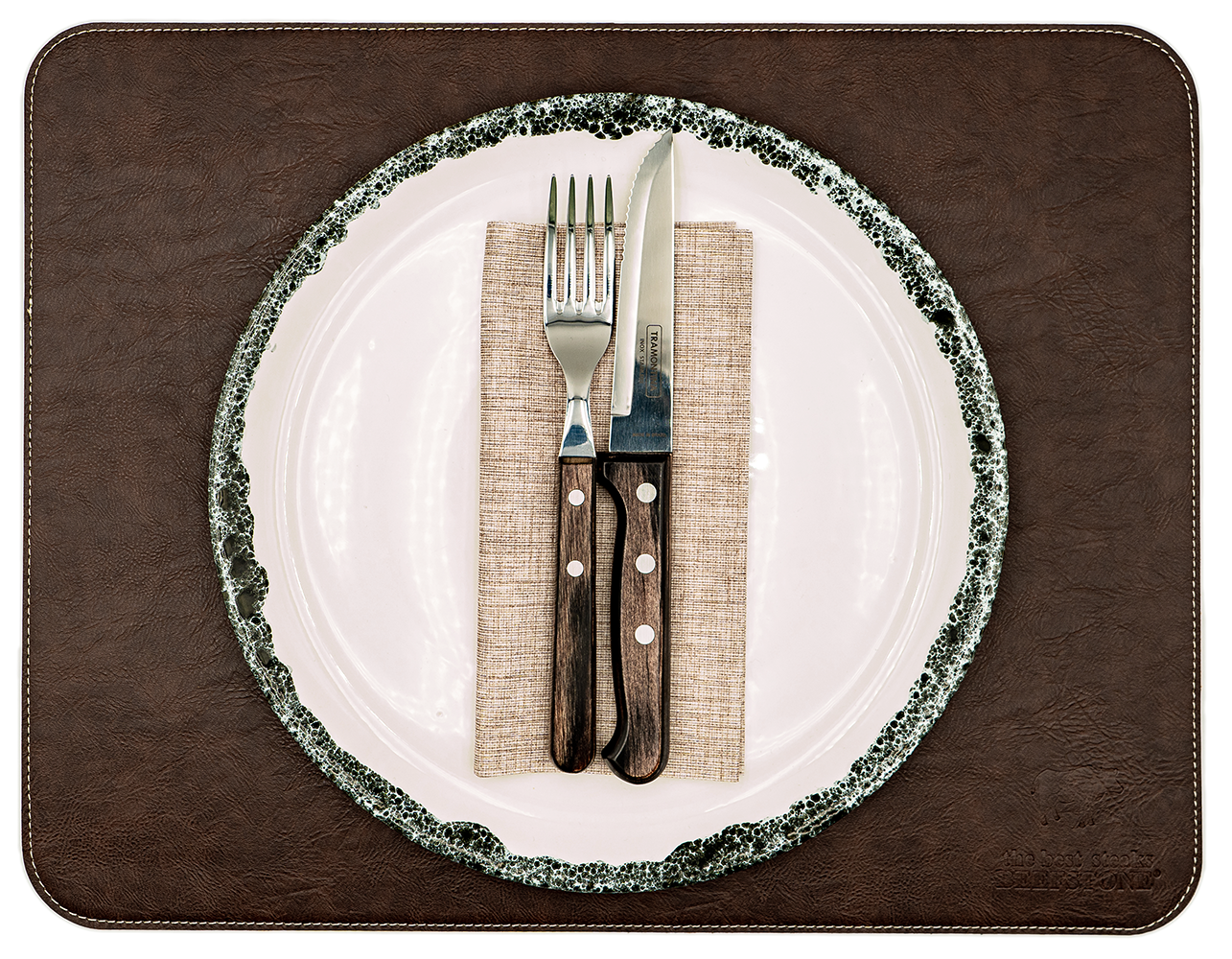 1 Original Beefstone® Tischset aus veganem PU Kunstleder "vintage" - doppelseitig - 44 x 34 cm - Nachtschwarz / Barrique